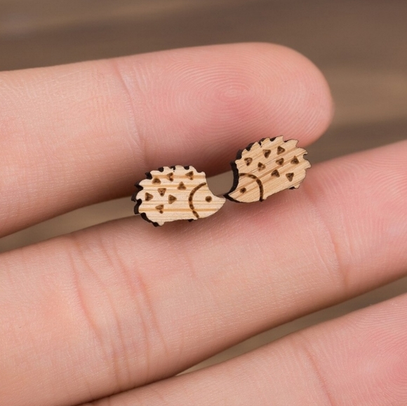"Hedgehog" Handmade Wood Stud Earrings - Picture 3 of 4